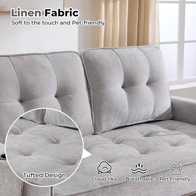 Convertible Sofa Bed Pull Out Loveseat Sleeper CouchLinen Fabric 2 in 1 Folding Couch Bed Fold Out Floor Futon Couches with Cup Holder for Living Room BedroomSmall Space Light Grey