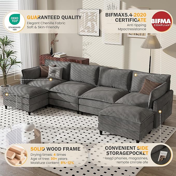 Apicizon 143 Cloud Couch Sectional 4-Seat Deep Sofa Couch with Ottoman Modern U Shape Sectional Cloud Sofa Corduroy for Living Room Apartment Office Grey