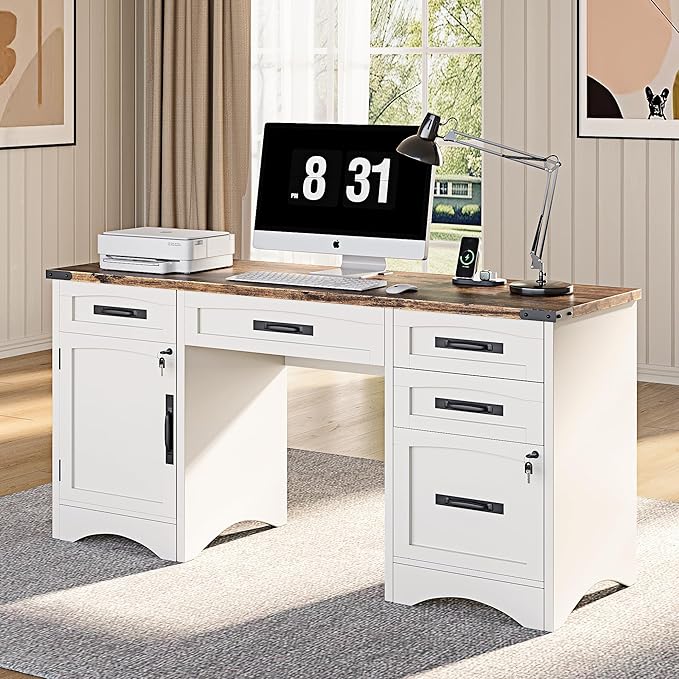 Farmhouse Executive Desk with Drawers 55 Home Office Desks with Fast Charging Station Lockable File Cabinet Wood Writing Computer Desk for Work Study White