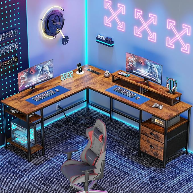 Furologee 66” L Shaped Desk with Power Outlet Reversible Computer Gaming Desk with File Drawer &amp 2 Monitor Stands for Home Office with Storage Shelves Rustic Brown