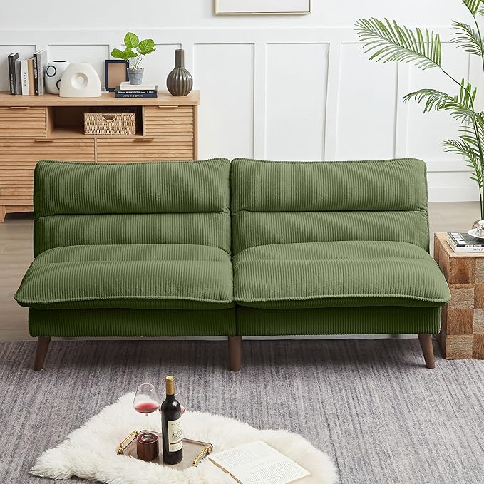 72 Convertible Futon Sofa Bed Loveseat Sofa Corduroy Folding Futon Set with Adjustable Backrest &ampArmrests Recliner Lounge for Living Room Apartment or Office Solid Wood Frame Green