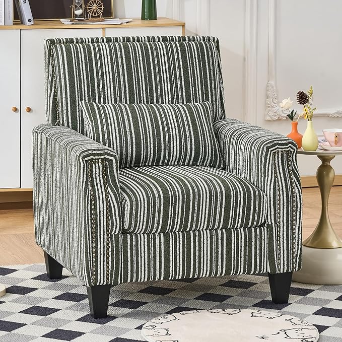 Stripes Accent Chair Modern Upholstered Boucle Fabric Armchair Single Sofa with Wood Legs for Living Room Patio Green Stripes.