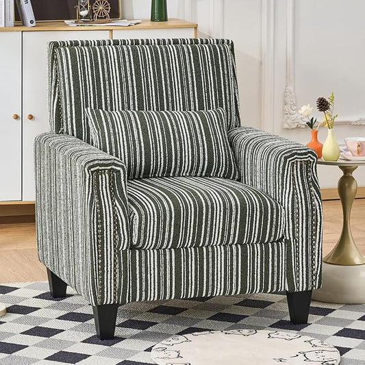 Stripes Accent Chair Modern Upholstered Boucle Fabric Armchair Single Sofa with Wood Legs for Living Room Patio Green Stripes.