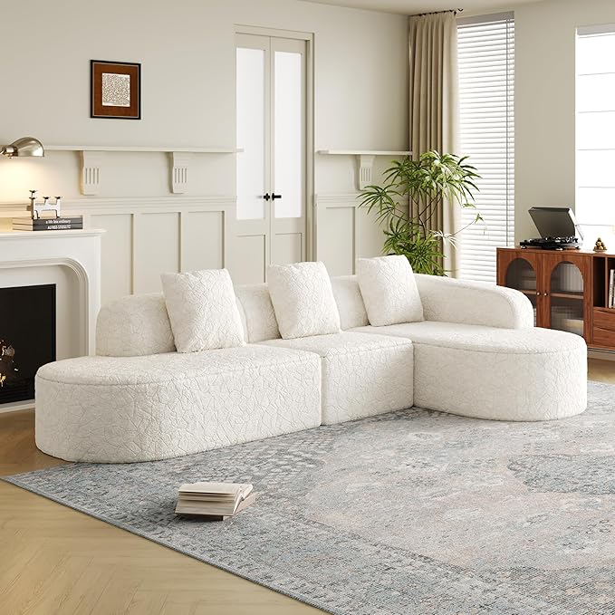 111.8' Curved Sectional Cloud Sofa Modern L Shaped Couch with Chaise &amp Pillows Comfy Upholstered Deep Seat Compression Boneless Sofa for Living Room Office No Assembly Required Right Facing W
