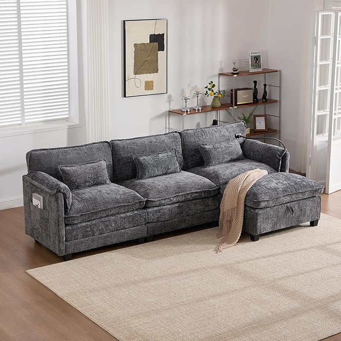L Shaped Sectional Sofa Cloud Couch for Living Room 109 Chenille Comfy Modular Sleeper Sofa with Storage Ottoman Modern Upholstery Sofas with USB Port &amp Phone Holder Grey