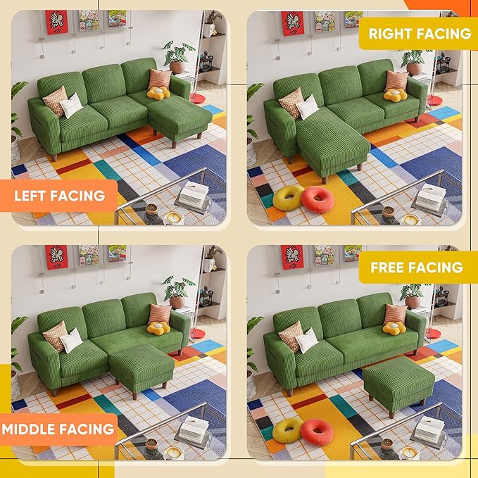YESHOMY Couches for Living Room Sofa with Movable Ottoman Small Couch with Reversible Chaise and Side Pockets L Shaped Couch for Small Space Apartment (Corduroy Green)