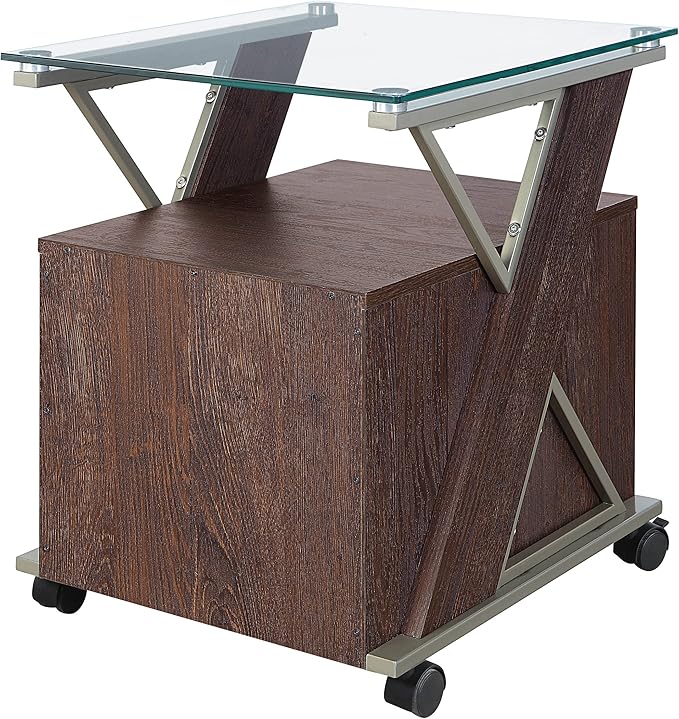 OSP Home Furnishings Zenos Mobile Rolling File Cabinet with Tempered Glass Top Traditional Cherry