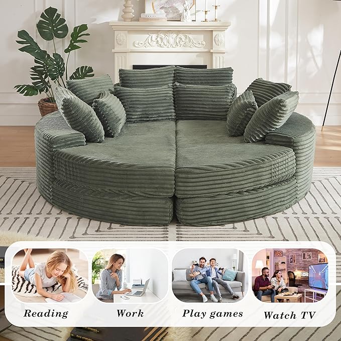 78.5 Corduroy Boneless Round Oversized Sofa Converts into Two Recliners 2-in-1 Sofa Bed Convertible Lounge Chair Neck Pillow Design with Five Throw Pillows (Green Full Circular Sofa)