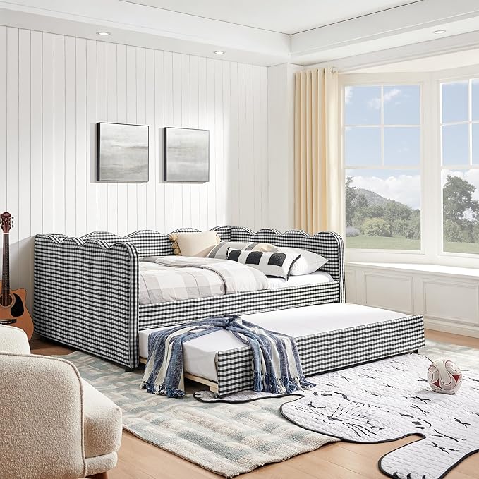 Cozy Gingham Daybed with Trundle Twin Size Sofa Bed No Box Spring Needed with USB Port and Adorable Wave Shaped Linen Fabric Navy (Full+Black)