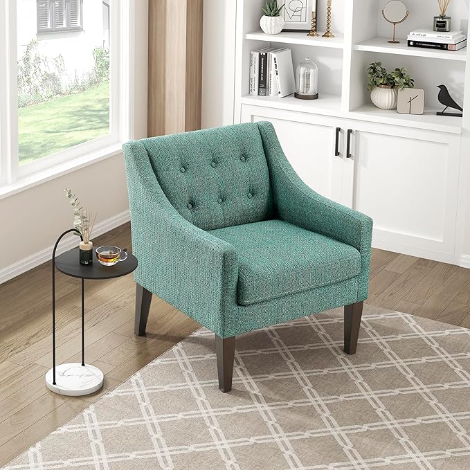 Lexicon Living Room Accent Chair Textured Fabric Upholstered Arm Chair with Button Tufted Back Sloped Arms and Wooden Legs Green