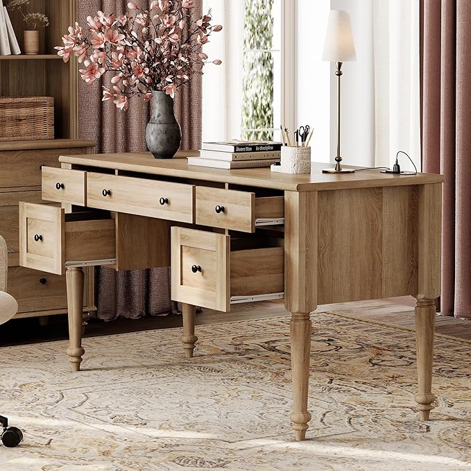 WAMAPT Farmhouse Executive Desk with 5 Drawers Home Office Desk with Charging Station Wood Computer Desk with File Cabinet Storage Door Open Shelf for Work and Study Oak 55 inch