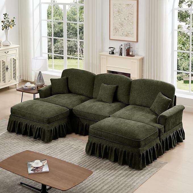 107'' Elegant U Shaped Chenille Mid Century Sectional Sofa Comfy Oversized 5 Seater Cloud Couch with Flared Arms and 2 Ottomans for Living Room