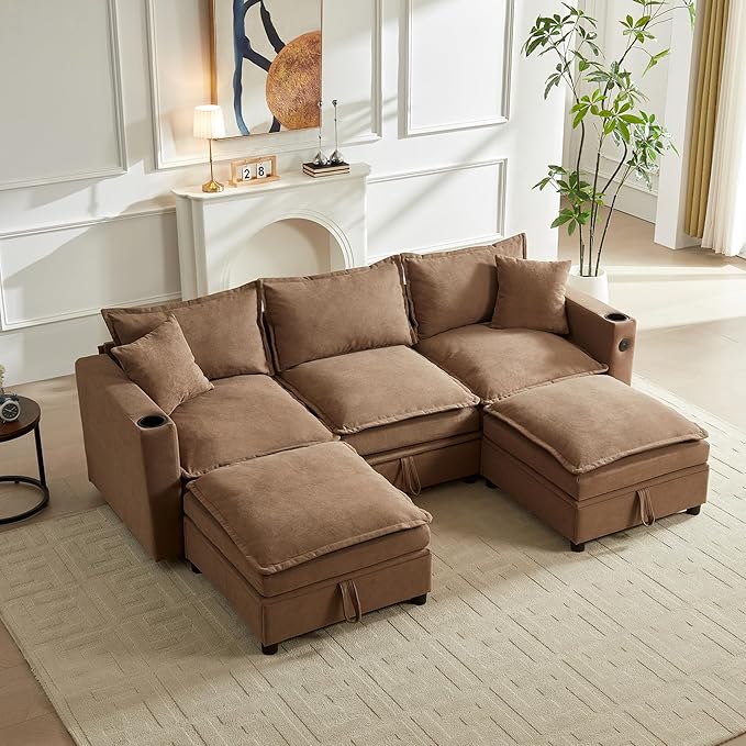 92 U-Shaped Sectional Couch for Living Room Cloud Modular Sofa with Large Storage Ottoman 5-Seat Fluffy Chenille Couch for Bedroom Brown