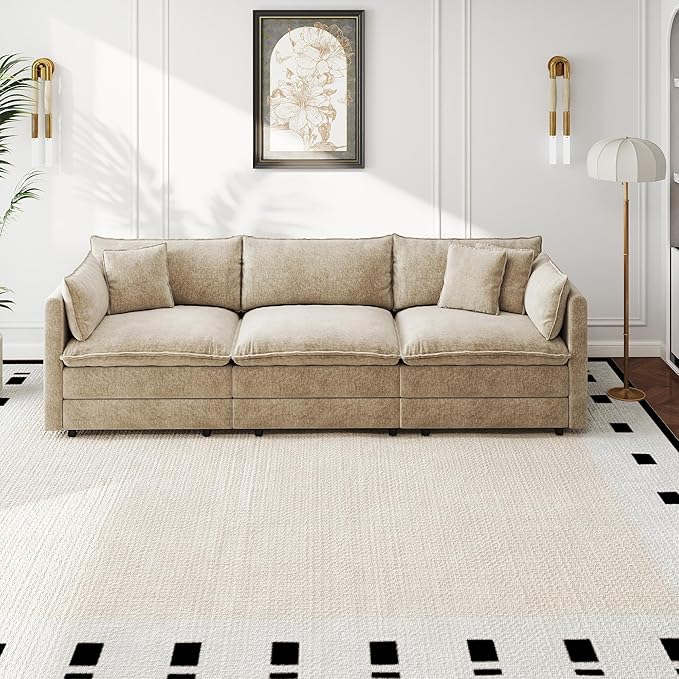 Aoowow Modular Sectional Sofa112.2 Inch Modern Deep 3-Seater Sofas Comfy Chenille Cloud Sofas and Couches with Pillows for Living Room Apartment（Camel）