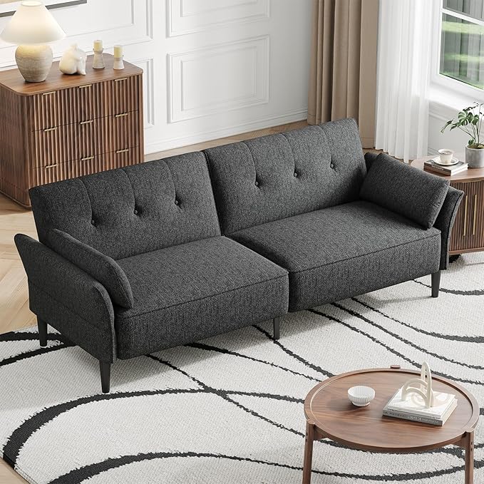 89” Futon Sofa BedComfy Futon Couch Bed with 2 Square PillowsConvertible Sleeper Sofa with Adjustable Backrest&amp Armrests Modern Loveseat Sleeper for Living Room Bedroom Linen Dark Gray