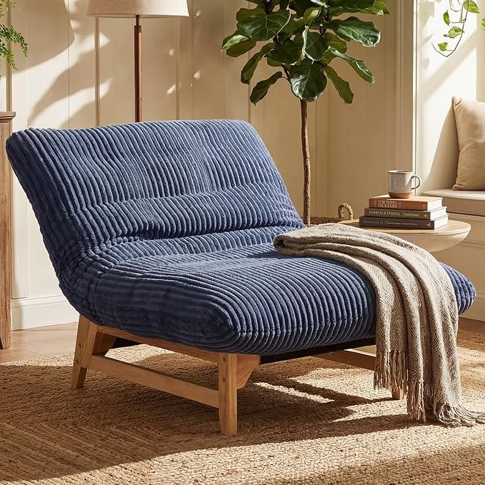 KEIKI Large Bean Bag Chair Adults Kids Comfy Corduroy Small Couch with Wood Frame Big Accent Beanbag Lounge Chairs Indoor Lazy Cozy Floor Sofa Couches for Living Room Reading Easy Assembly Blue