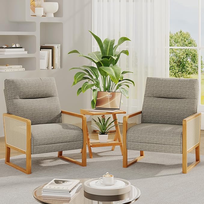 Linen Accent Chair Living Room Chairs with Rattan Arms Armchair with Ash Wood Legs for Reading Brownish Gray