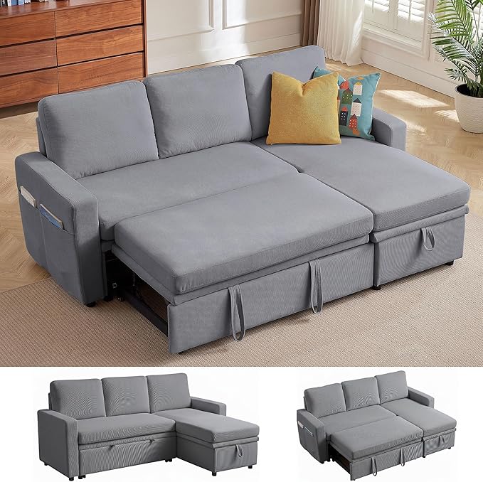 79 Sectional Sofa Couch L Shaped Sleeper Sofa Bed with Reversible Storage Chaise Side Pockets Durable Cushions Convertible Pull Out Bed Couch for Living Room Light Grey