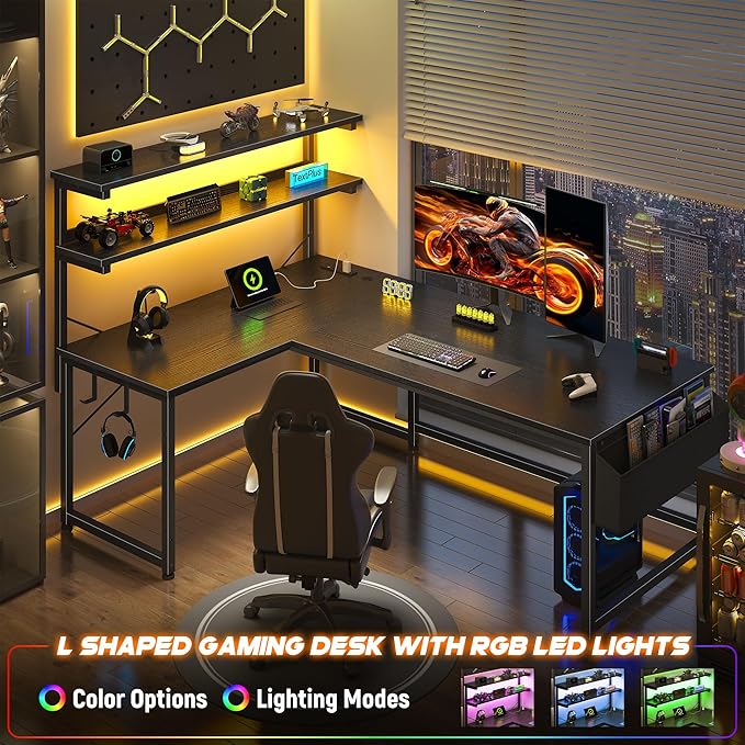 L Shaped Desk Gaming Desk with LED Light &amp Power Outlet 43.3 Inch Reversible L Shaped Computer Desk with Shelf &amp Storage Bag &amp Hook for Home Office Black