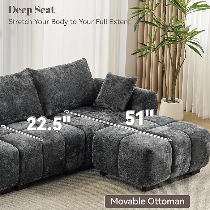 112 Mid Century Modern L Shaped Couch 3 Seater Modular Sectional Sofa with Movable Ottoman Deep Seat and Solid Wood Legs Cloud Couch for Living Room Chenille Tufted Sofa Grey