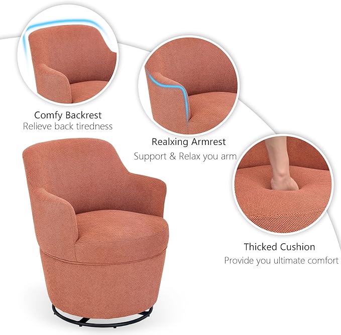 Swivel Accent Chair with Ottoman Fabric Small Barrel Chair with Footstool Modern Round Bedroom Chair for Living Room Orange