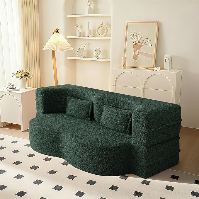 78 Convertible Sofa Bed 2-in-1 Folding Floor Couch with 2 Pillows Sleeper Sofa for Living Room and Bedroom No Assembly Required (Green Teddy Fabric)