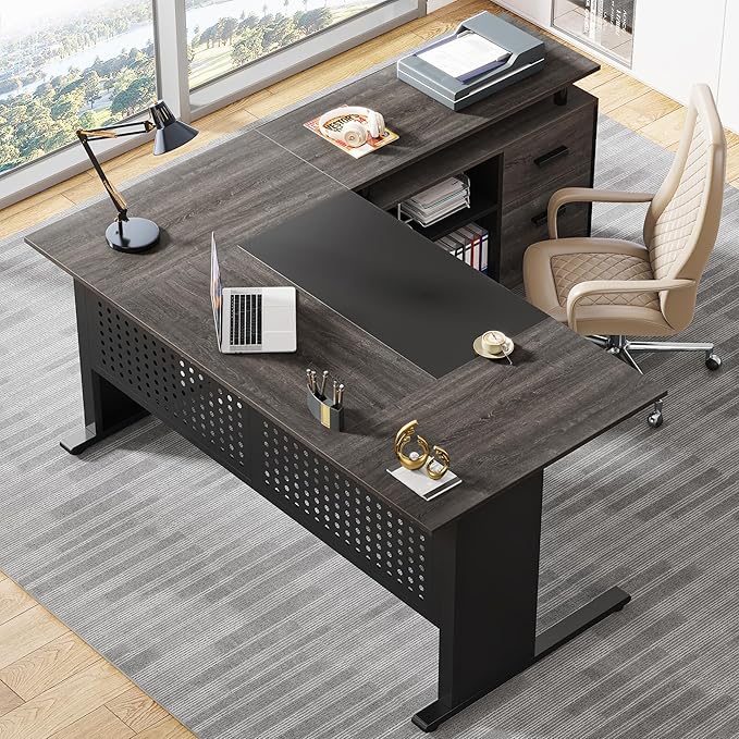 Tribesigns 63 Inch Executive Desk with File Cabinet L Shaped Office Desk with Drawers and Storage Shelves Business Furniture Set Workstation for Home Office Gray and Black