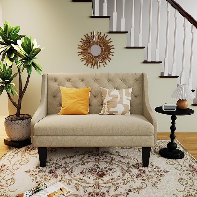 Tongli 50 Small Modern Loveseat Settee Sofa Linen Fabric 2-Seat Sofa Couch Tufted Love Seat Dining Bench with Back Upholstered Banquette Sofas for Living Room Bedroom Small Space Entryway Tan