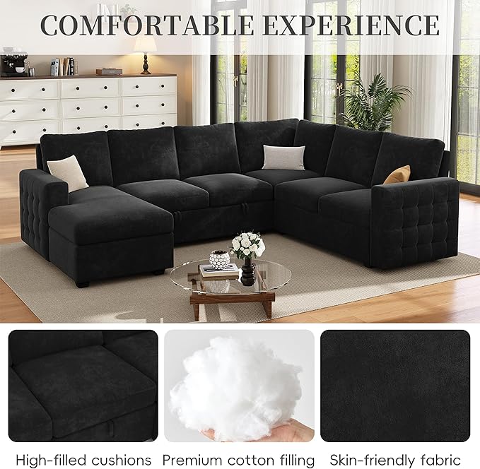 86 Sectional Sleeper Sofa Bed Sleeper Couch with Pull out Bed L Shaped Couch with Storage Modular Sectional Sofa Sectional Couches for Living Room&ampApartment Convertible Sofas Black Couches