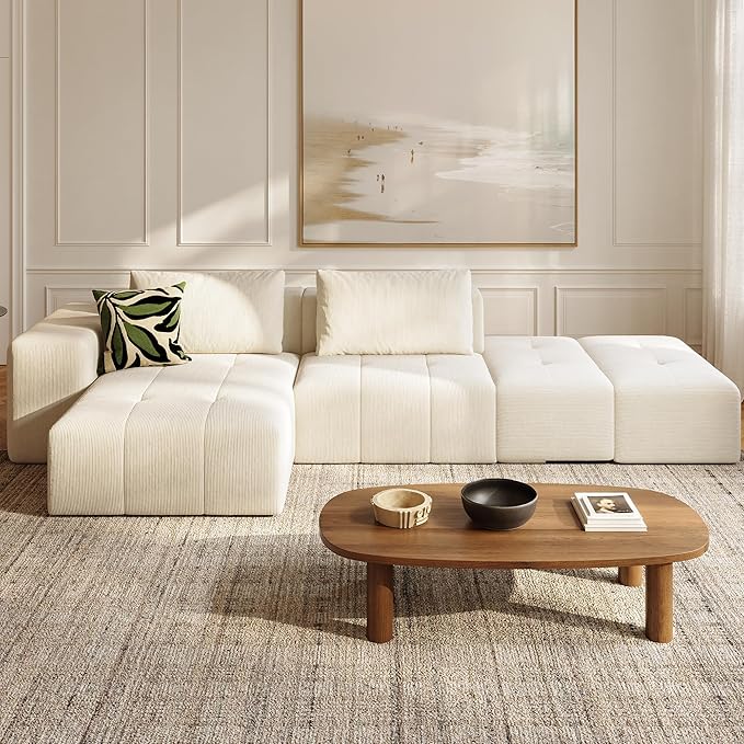 141 Cloud Sectional Couch for Living Room Oversize Boneless Modular Sectional Sofa with Deep Seat L Shaped Modern Cloud Sleeper Sofa Bed with Chaise Beige White