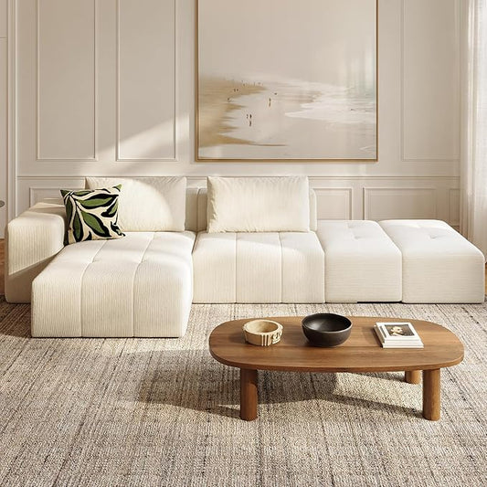 141 Cloud Sectional Couch for Living Room Oversize Boneless Modular Sectional Sofa with Deep Seat L Shaped Modern Cloud Sleeper Sofa Bed with Chaise Beige White