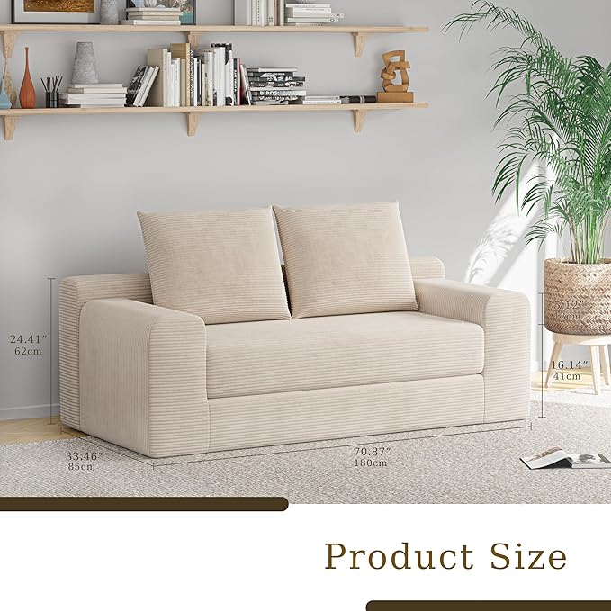 Chogori Loveseat Sleeper Sofa Bed Modern Corduroy Boneless Convertible Couch with Pull-Out Seat Cushion Two Seater Couch for Living Room Bedroom Apartment Home Office No Assembly (Beige)