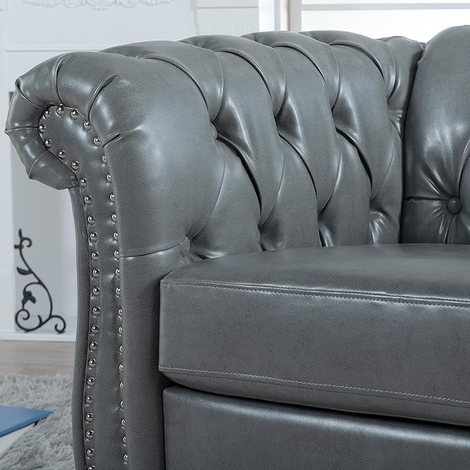 Leather Chair Living Room Single Sofa Medieval Retro Tufted Cushion Accent Sofa Chair with Rolled Arms and Nailhead Cigar Chair for Bedroom Office Apartment Club Chairs (Grey)