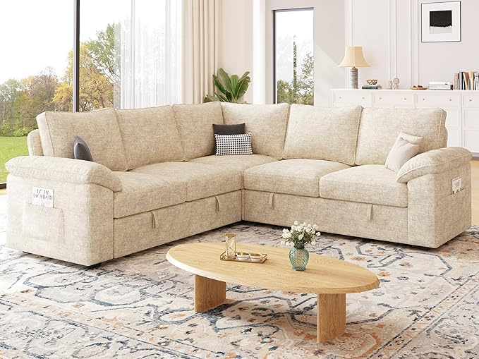 85 Inch Modular Sectional Sofa with Pull Out Bed L Shaped 5 Seat Sectional Sleeper Sofa with Storage Sectional Couches for Living Room Cloud Modular Couch Removable Sofa Cover Beige