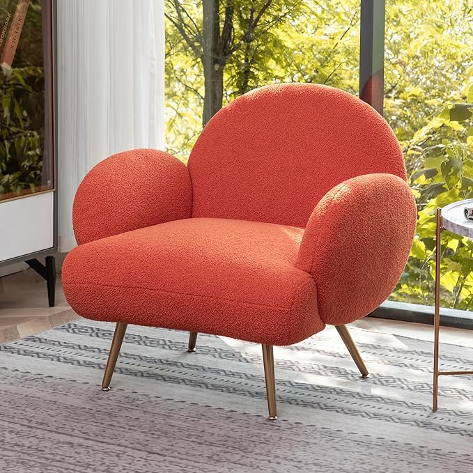 Orange Accent Sherpa Chair Comfy Boucle Chair for Reading Bedroom Living Room with Golden Metal Legs Teddy Tufted Backrest Sofa Armchair Side Chair