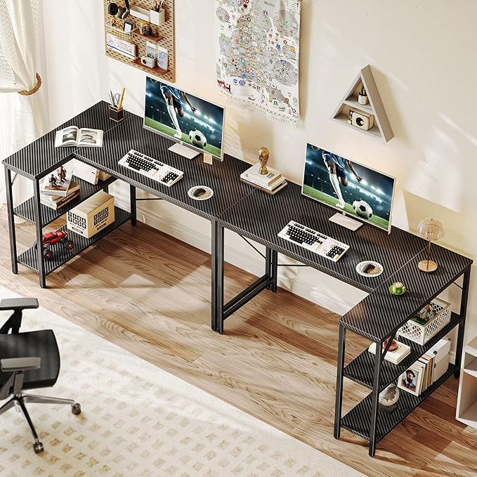 Huuger L Shaped Desk 47 Inch Gaming &amp Home Office Desk with Reversible Storage Shelves Metal Frame Carbon Fiber Black