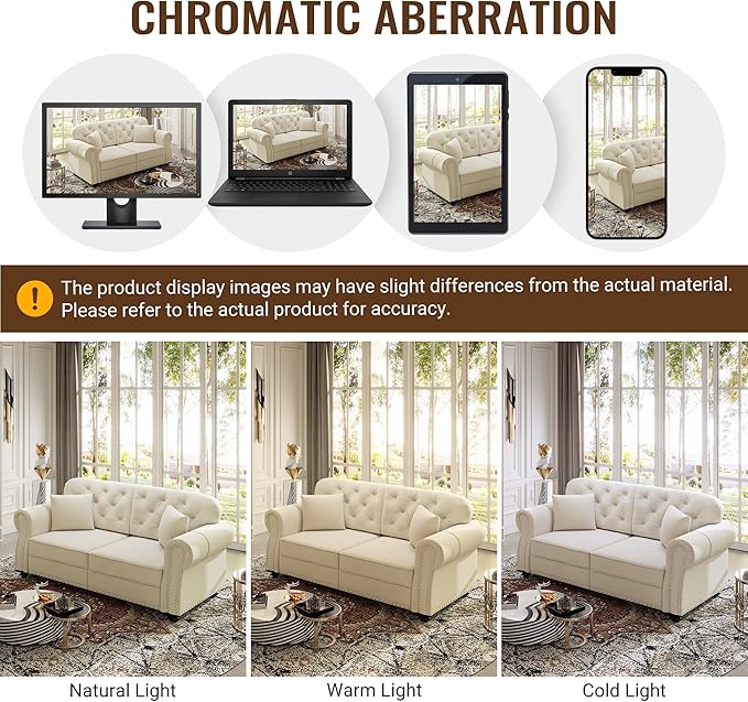 3 Pieces Chesterfield Sofa Set with Ottoman 2 &amp 3 Seater Comfy Tufted Velvet Couch with Rolled Arms &amp 5 Pillows Mid Century Modern Couch and Loveseat Vintage Living Room Sets Furniture (Bei