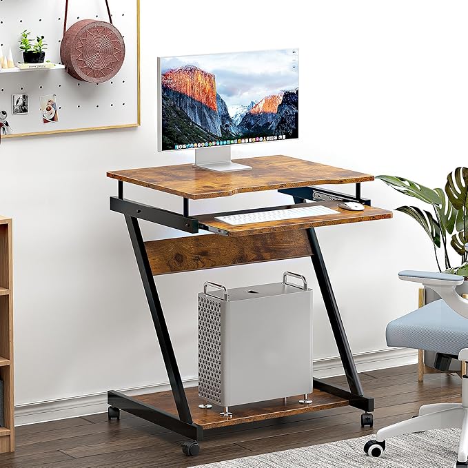 sogesfurniture Retro Computer Desk Small Mobile Workstation with Keyboard Tray Printer Shelf &amp Storage 23.6x18.9x28.7 inches Engineered Wood for Home and Office