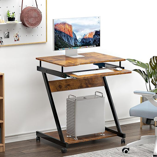 sogesfurniture Retro Computer Desk Small Mobile Workstation with Keyboard Tray Printer Shelf &amp Storage 23.6x18.9x28.7 inches Engineered Wood for Home and Office