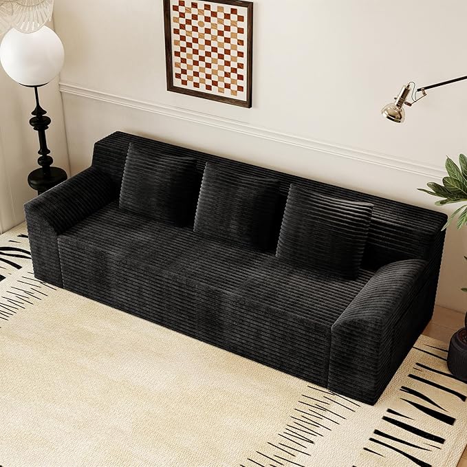 71 Cloud Boneless Loveseat Sofa Couch Bean Bag 3-Seater Couch with Memory Foam Corduroy Comfy Floor Sofa Deep Seat for Living Room Bedroom Apartment No Assembly (Black)