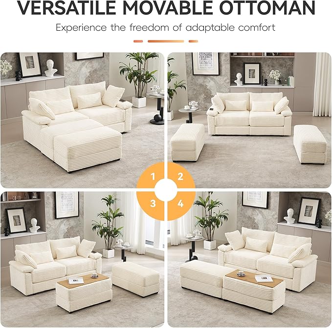 75 Corduroy Loveseat with Storage Ottoman Cloud Deep Seat Couch with Convertible Ottoman Coffee Table &amp USB Double Chaise Lounge for Living Room Beige