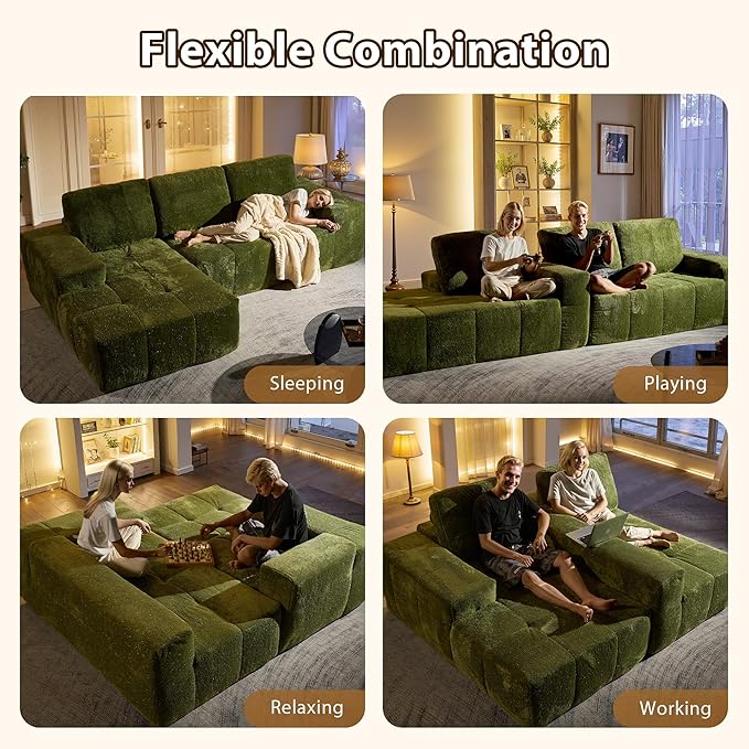 114 in Modular Sectional Sofa Plush Fabric with Silver LuminousBoneless L-Shaped Couch with Chaise for Living Room with Deep Seat No Assembly Required Sofa (Green Left Chaise)