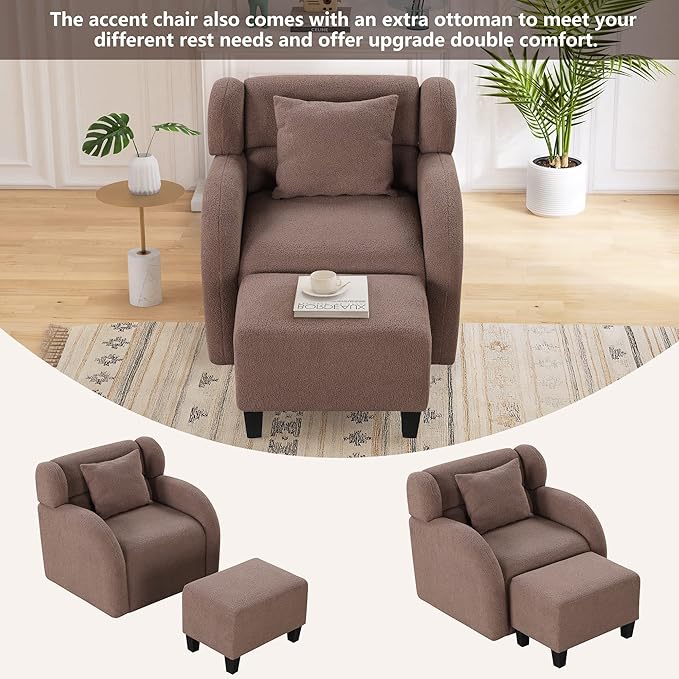 Swivel Accent Chair with Ottoman Teddy Short Plush Particle Velvet Armchair360 Degree Swivel Barrel Chair with Footstool for Living Room Hotel Bedroom Office LoungeBrown