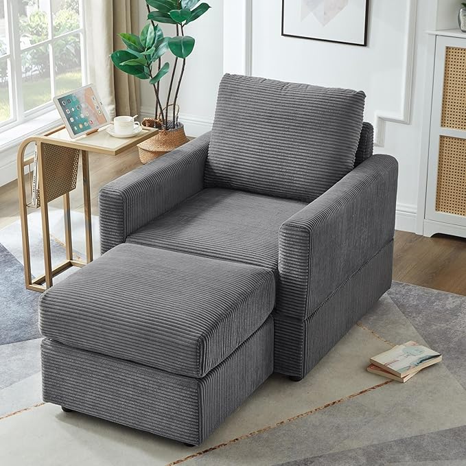 Aoiy &amp Wifon Accent Chair with Ottoman Upholstered Reading Chair with Ottoman Comfy Armchair with Wooden Legs Corduroy Grey