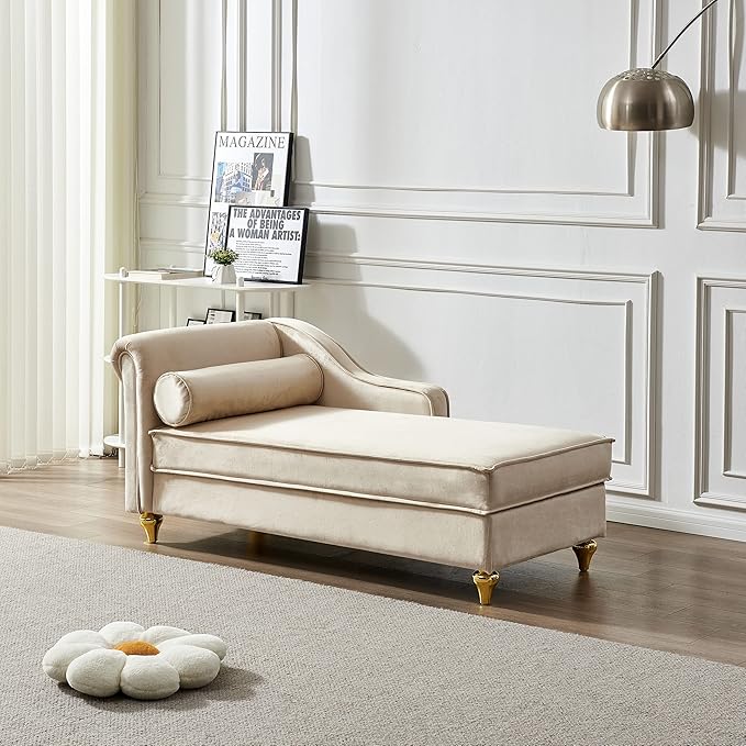 60.6 Velvet Chaise Lounge Sleeper Sofa with Large Hidden Storage &amp Lumbar Pillow Upholstery Tufted Lounge Chair Indoor with Gold Metal Legs &amp Armrest Reclining Sofa Chair for Living RoomBe