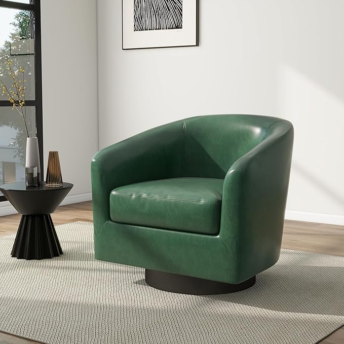 Swivel Barrel Chair Modern Round PU Leather Accent Armchair for Living Room Bedroom Oversized Comfy Club Reading Chairs for Adults (Leather Green Set of 1)