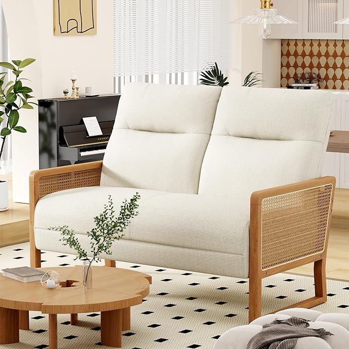 Alunaune Modern Loveseat Bench Couch with Natural Rattan Arm Upholstered Linen Small Love Seat Sofa 2-Seats Living Room Couch Settee Comfy Lounge Recliner Chair-Ivory