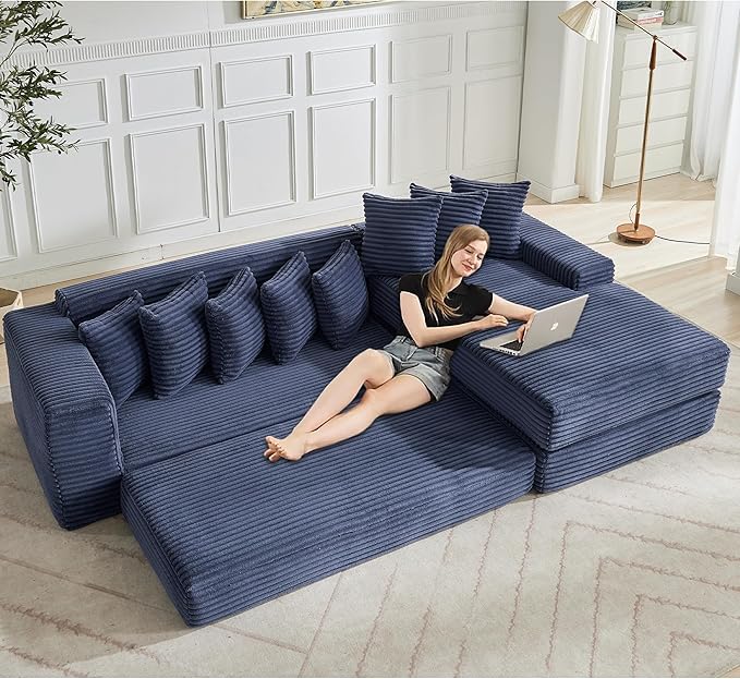 110 Oversized L Shaped Convertible Sleeper Sofa Bed Corduroy Folding Sectional Sofa with 8 Pillows &amp Storage Bags Modern Floor Mattress Couch for Living Room Small Spaces Blue Right Chaise