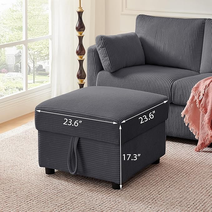 Corduroy Storage Ottoman for Living Room Sofas Couches Square Ottoman with Storage Space Foot Rest Stool for Apartment Dorm Entryway Grey