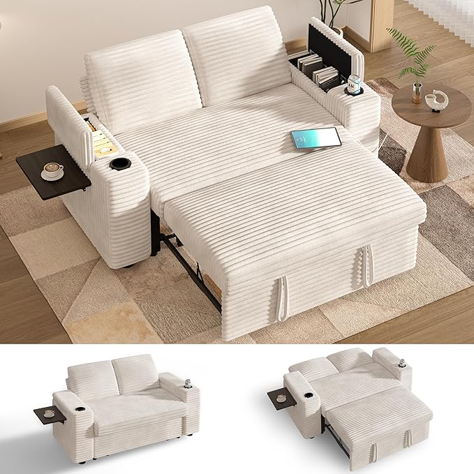 Vipbear 65 Loveseat Sleeper Sofa with Pull Out Bed Plush Corduroy 3-in-1 Convertible Sofa Bed with Reclining Backrest|USB Ports|Cup Holders|Side Table|Storage Armrests Tool Free Assembly Beige